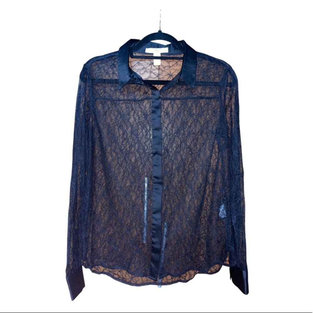 F21 Button Down Mesh Blouse - Black - Size M
